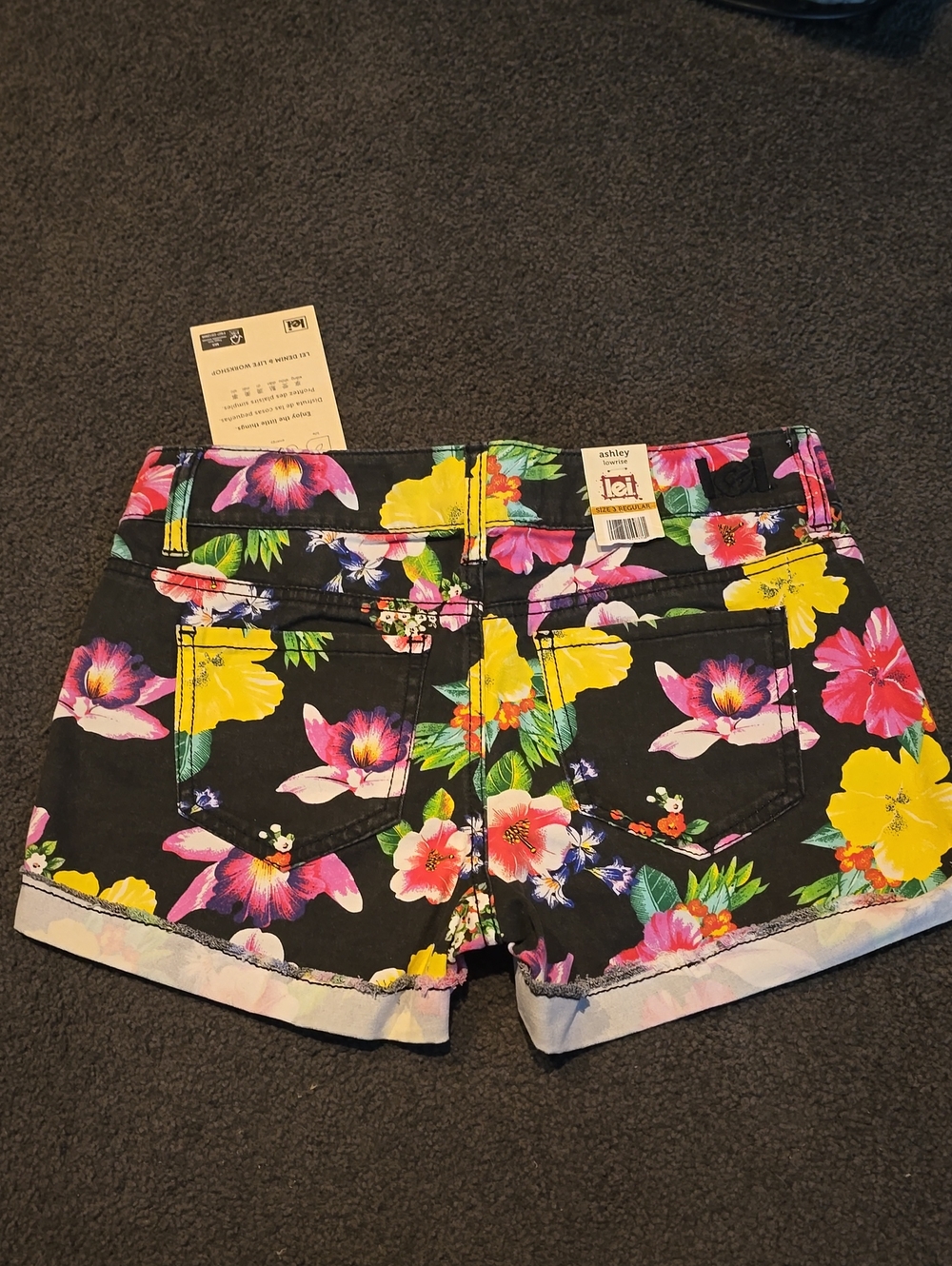 lei Lowrise Black Floral Print Denim Shorts with Rolled Hem